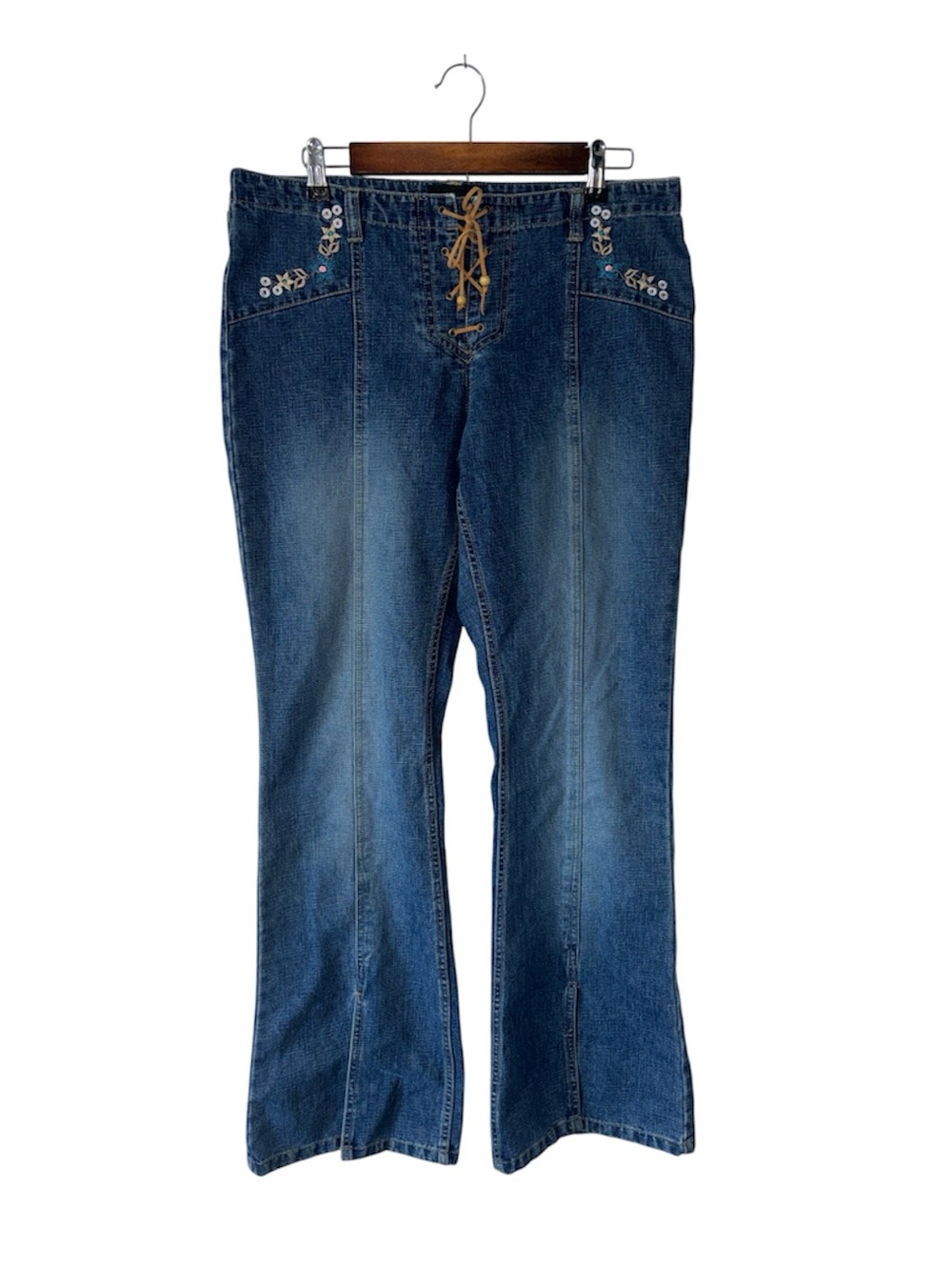 Authentic Y2K Flare Lace-Up Jeans Blue Embroidery Floral No Boundaries Size 13